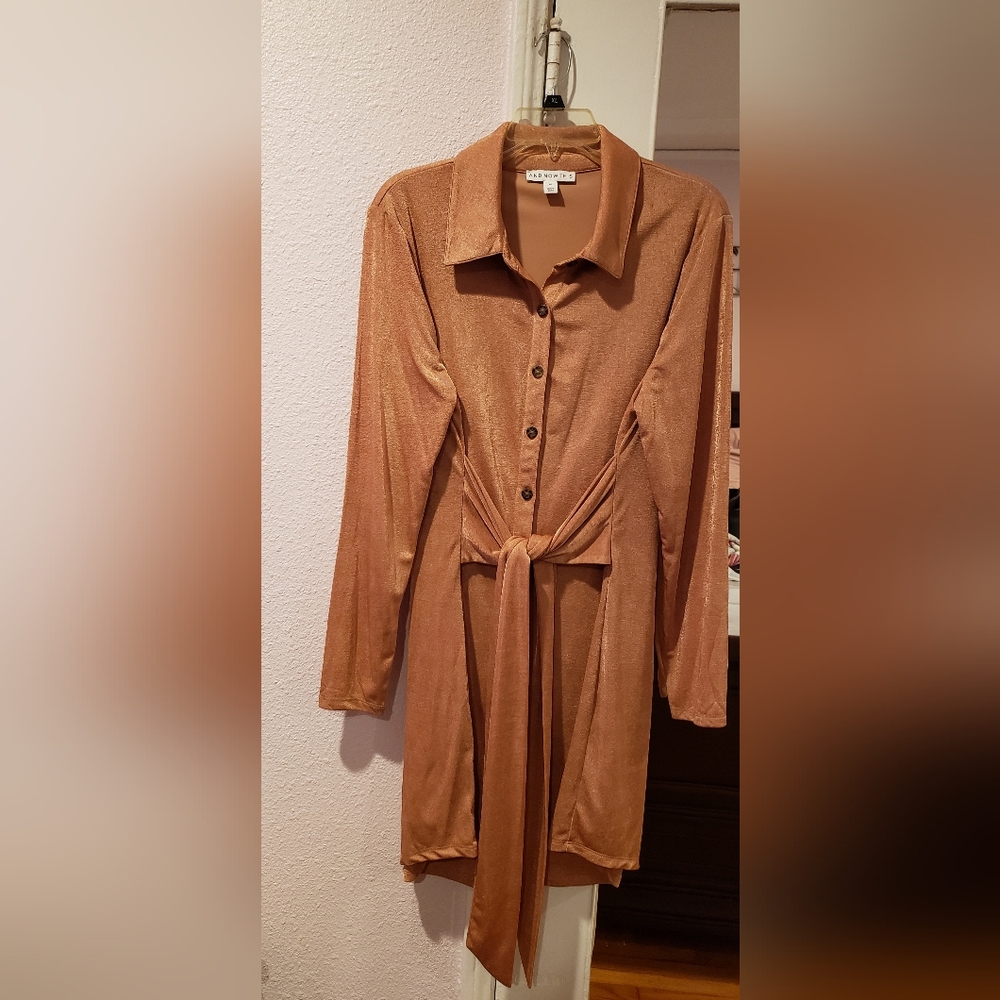 Brown Button-Up Dress with Tie Waist